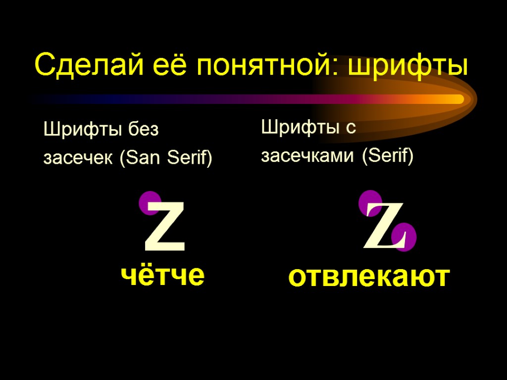 Шрифты без засечек (San Serif) Z Шрифты с засечками (Serif) Z Сделай её понятной: